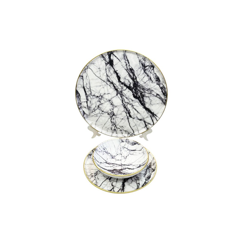 Marble porcelain serving dish and bowl set with gold rim - 3 pieces - Image 6