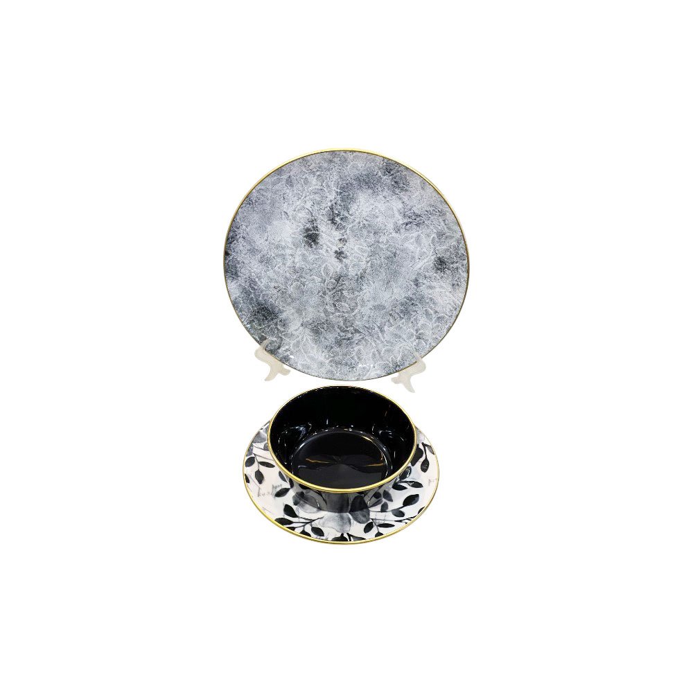 Marble porcelain serving dish and bowl set with gold rim - 3 pieces - Image 11