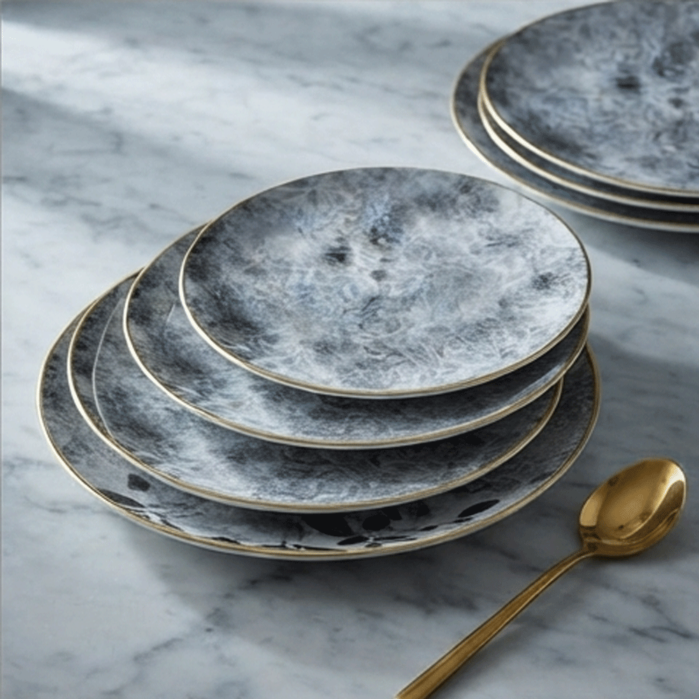 Marble porcelain serving dish and bowl set with gold rim - 3 pieces - Image 12