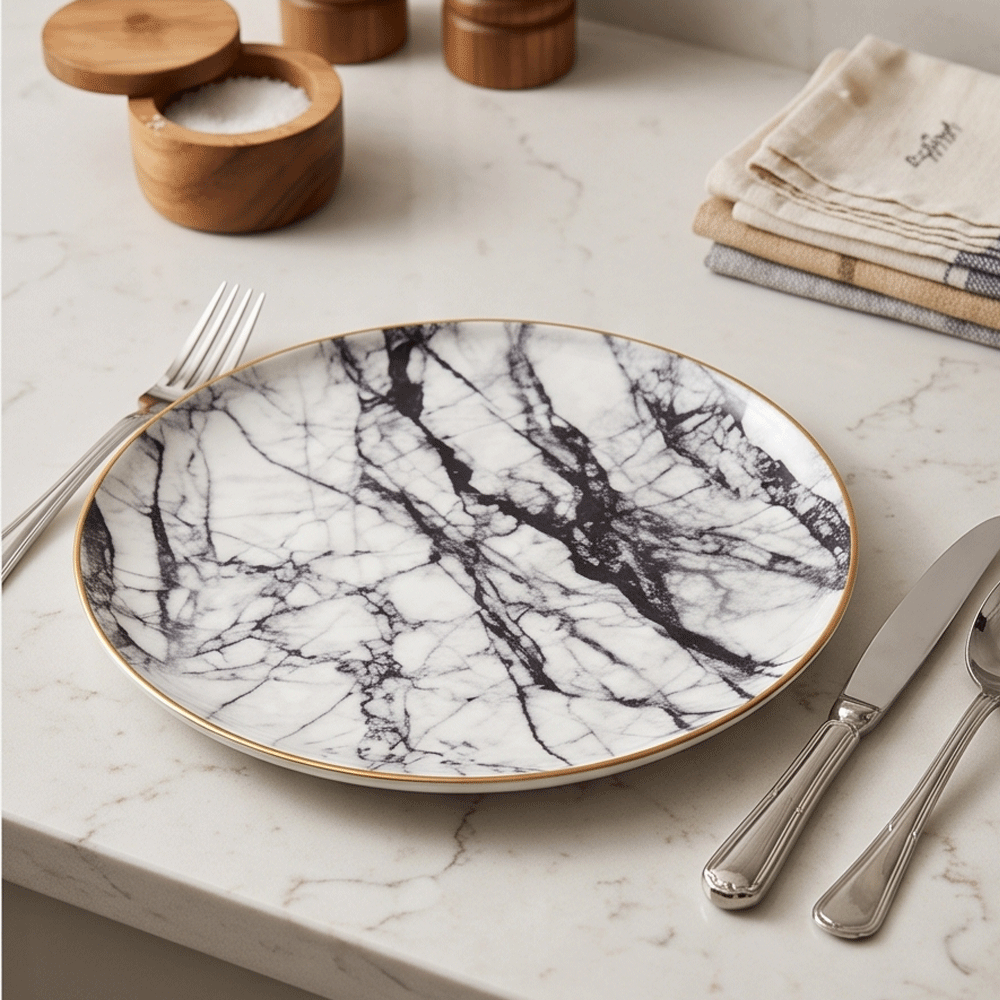 Marble porcelain serving dish and bowl set with gold rim - 3 pieces - Image 8