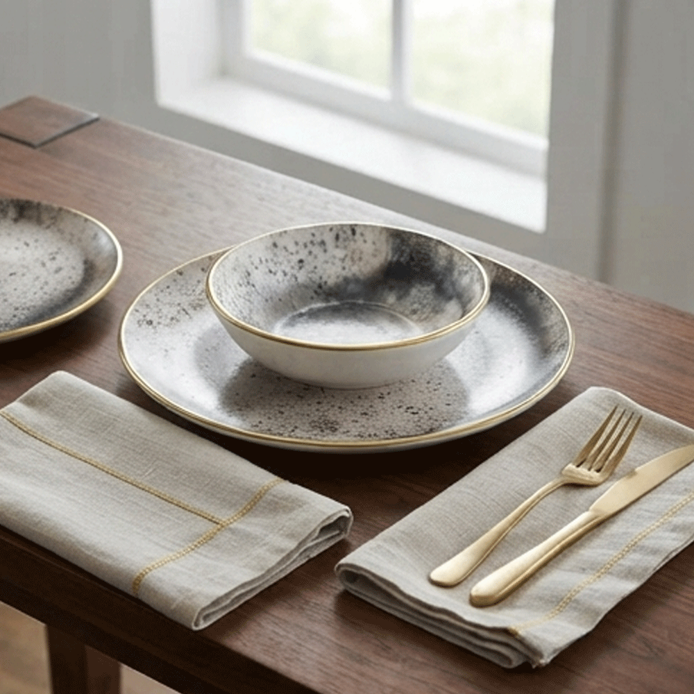Marble porcelain serving dish and bowl set with gold rim - 3 pieces - Image 5