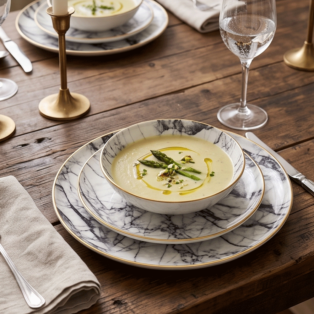 Marble porcelain serving dish and bowl set with gold rim - 3 pieces - Image 9