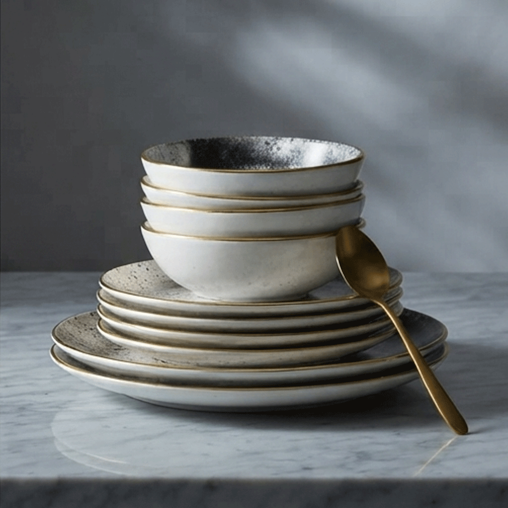 Marble porcelain serving dish and bowl set with gold rim - 3 pieces - Image 7