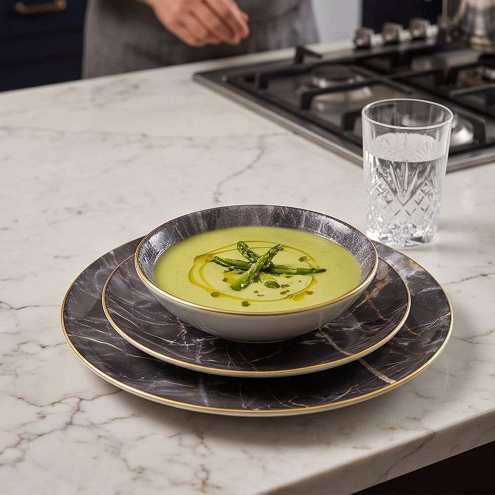 Marble porcelain serving dish and bowl set with gold rim - 3 pieces - Image 3