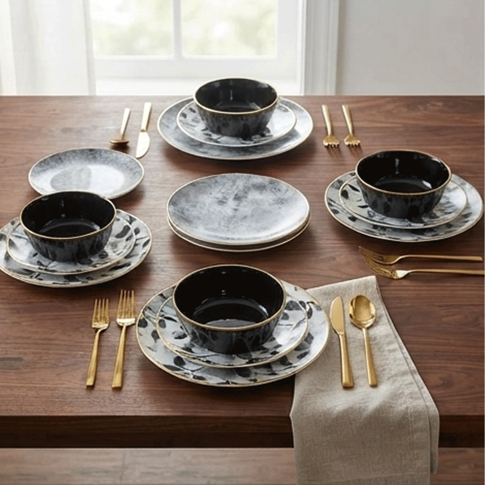 Marble porcelain serving dish and bowl set with gold rim - 3 pieces - Image 10