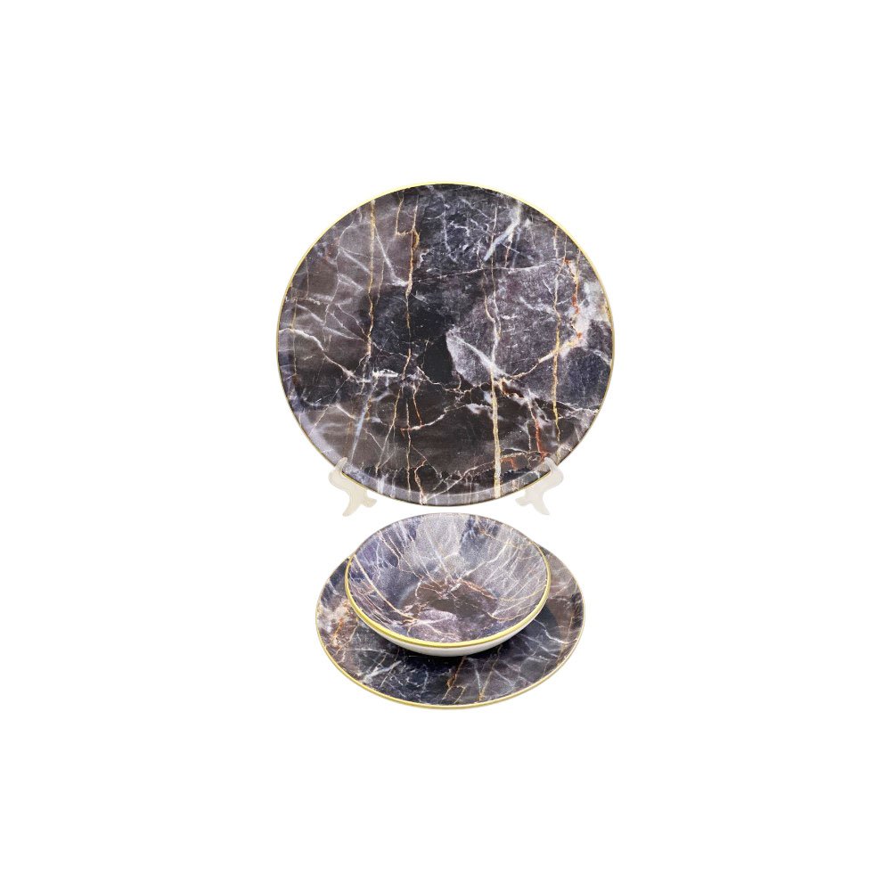Marble porcelain serving dish and bowl set with gold rim - 3 pieces - Image 2