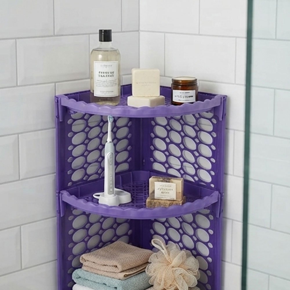 3-Tier Triangular Plastic Corner Organizer Shelf for Bathroom and Kitchen, Purple - Image 5