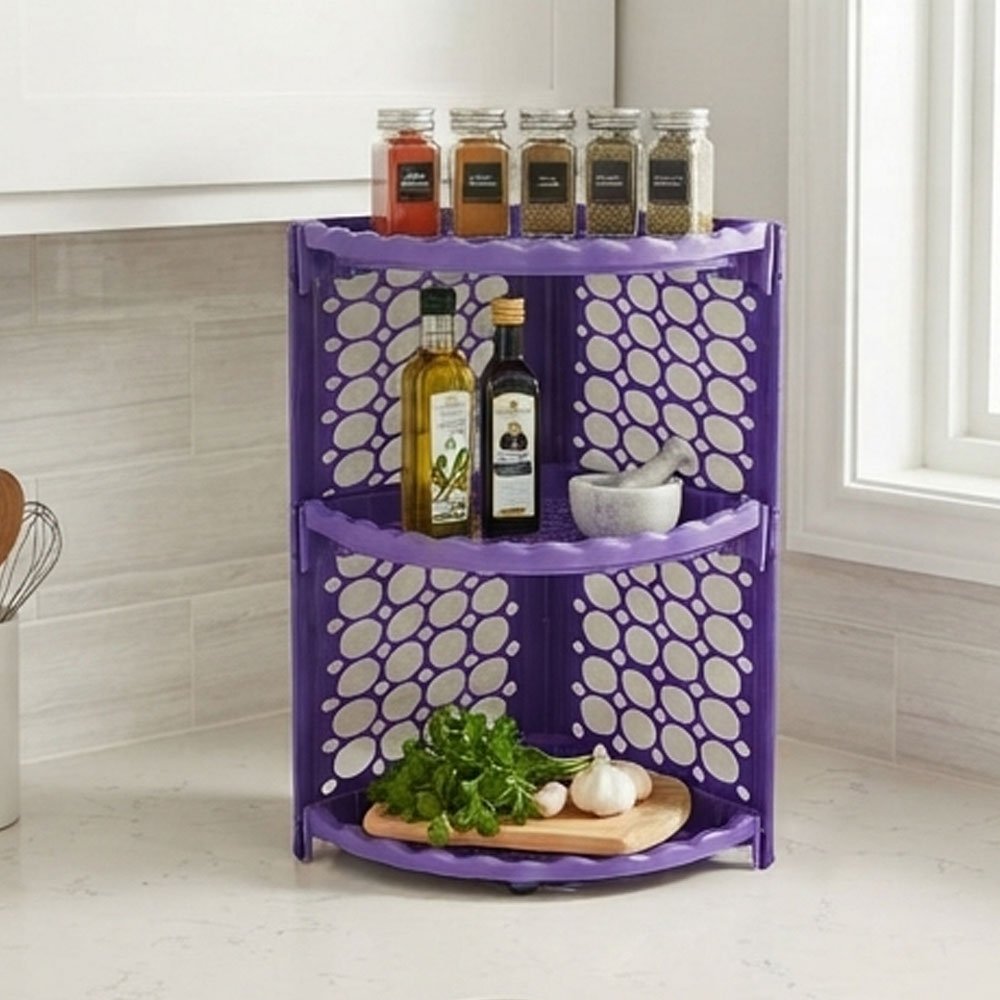 3-Tier Triangular Plastic Corner Organizer Shelf for Bathroom and Kitchen, Purple - Image 2