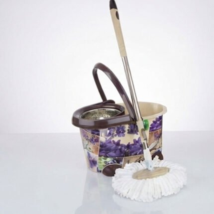 Rotating mop with bucket, automatic wringing, stainless steel wringing mechanism with a floral pattern