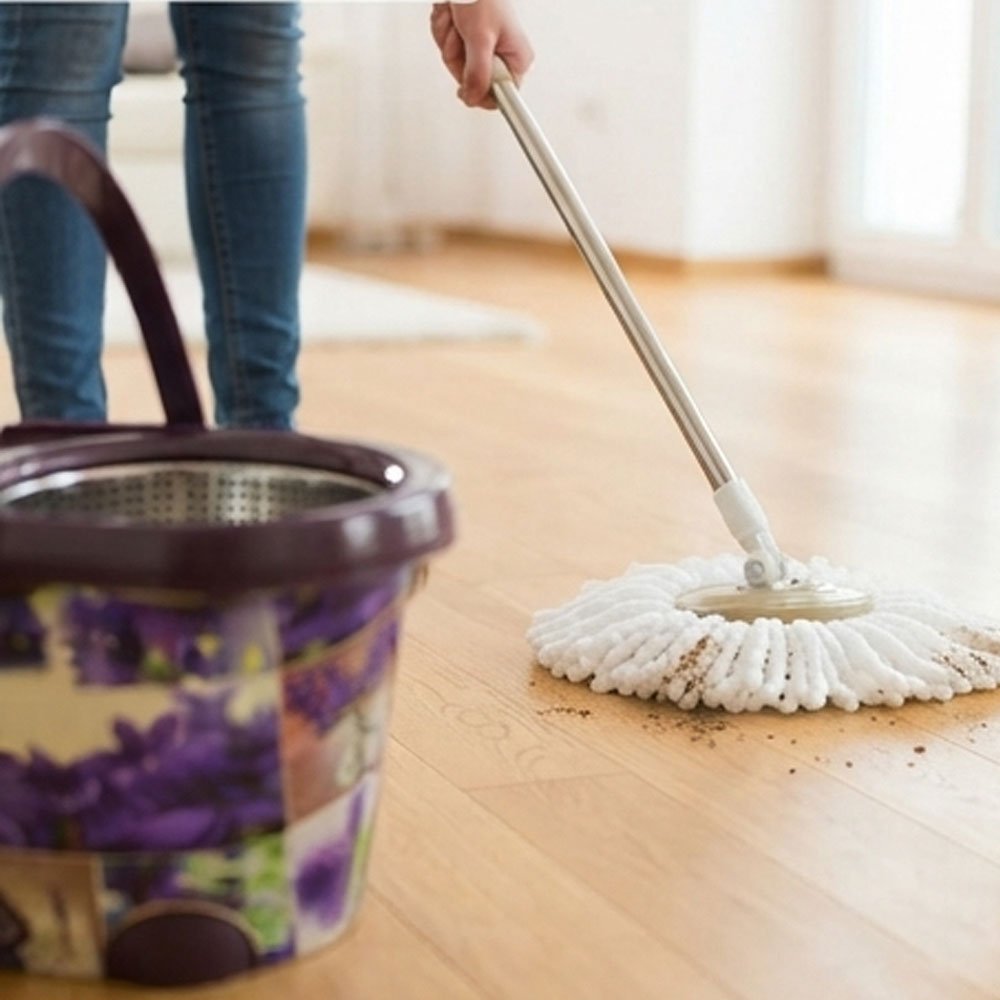 Rotating mop with bucket, automatic wringing, stainless steel wringing mechanism with a floral pattern - Image 4