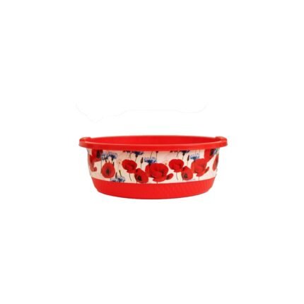 Major plastic round plate, size 1, embossed with a red floral pattern