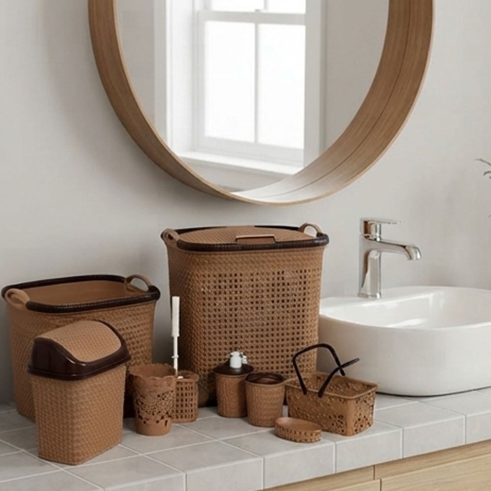 10-piece rattan plastic bathroom organizer and basket set in beige and brown - Image 3