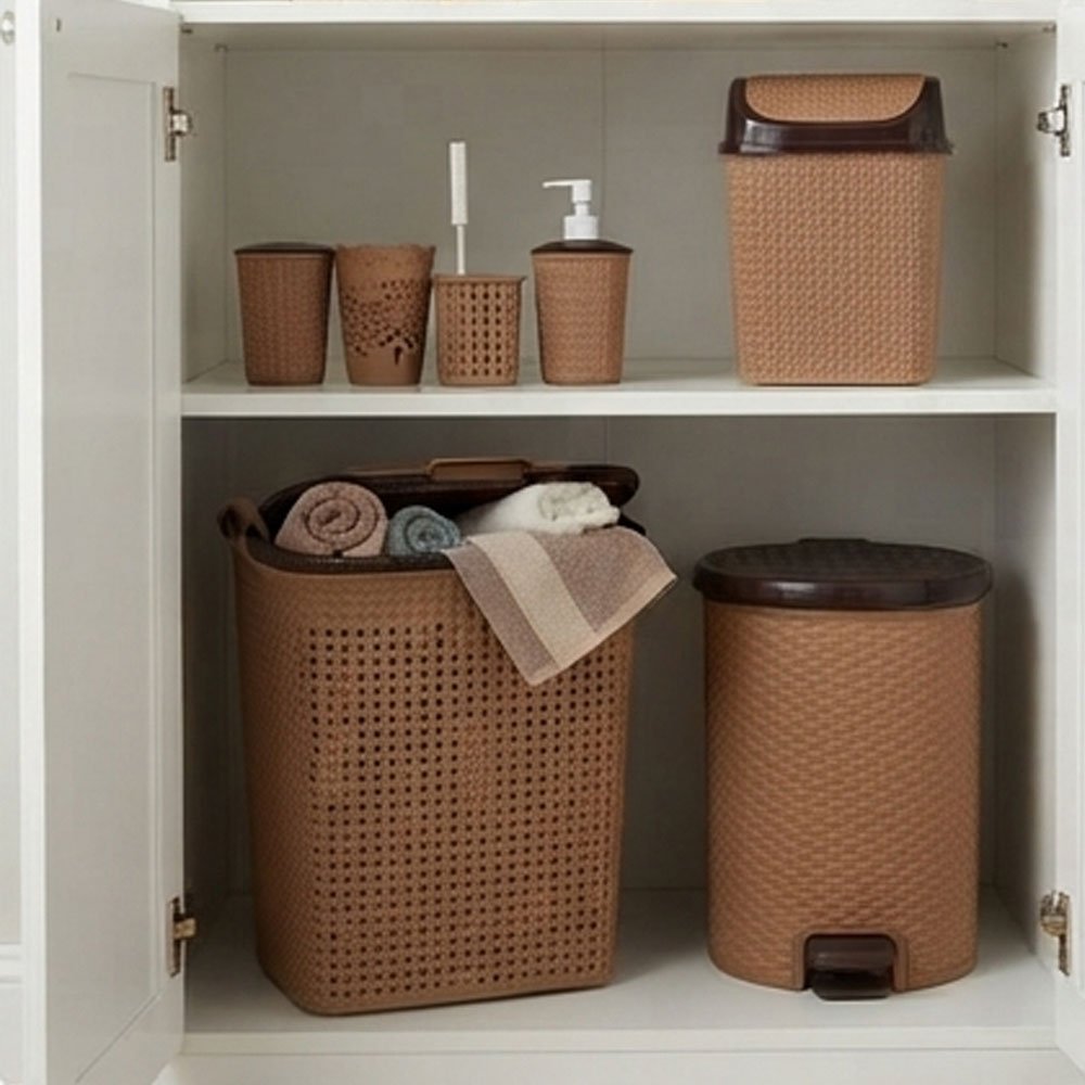 10-piece rattan plastic bathroom organizer and basket set in beige and brown - Image 2