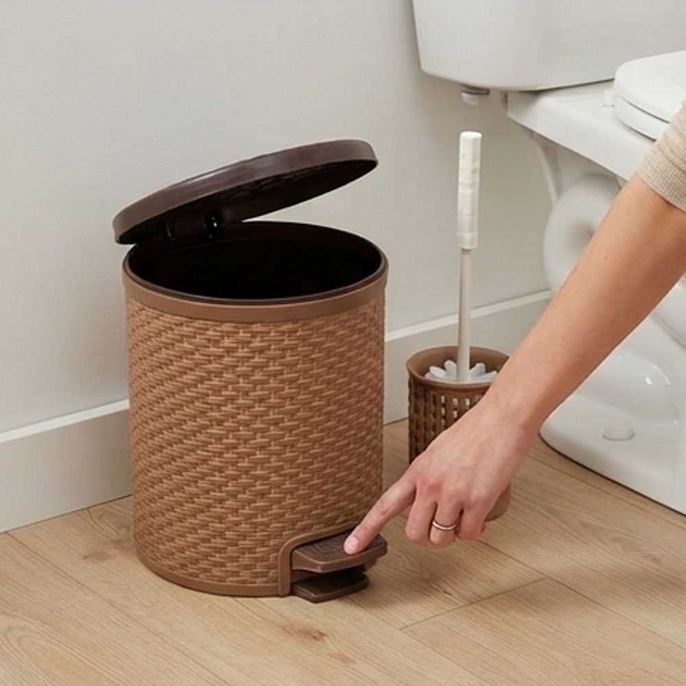 10-piece rattan plastic bathroom organizer and basket set in beige and brown - Image 5