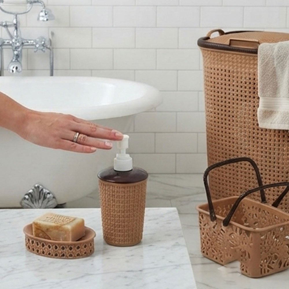 10-piece rattan plastic bathroom organizer and basket set in beige and brown - Image 4