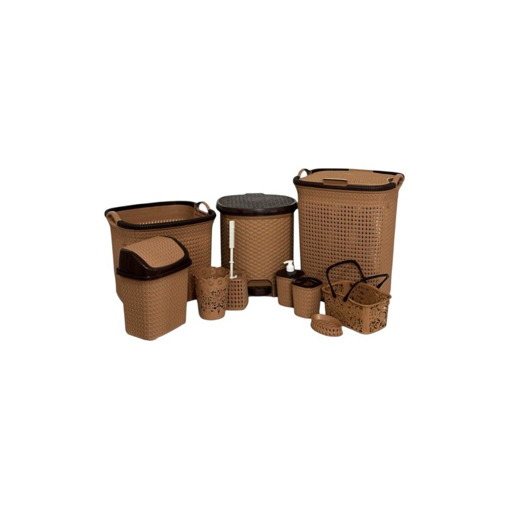 10-piece rattan plastic bathroom organizer and basket set in beige and brown