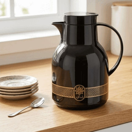 Royal black thermal tea thermos with an elegant gold Islamic pattern