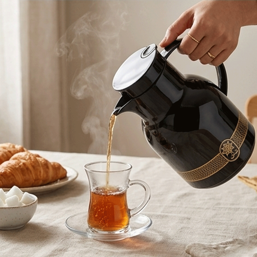 Royal black thermal tea thermos with an elegant gold Islamic pattern - Image 3