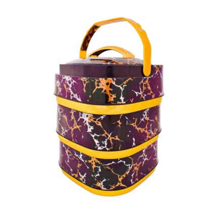 Premium 3-tier food container with a black and gold marble design and a carrying handle.