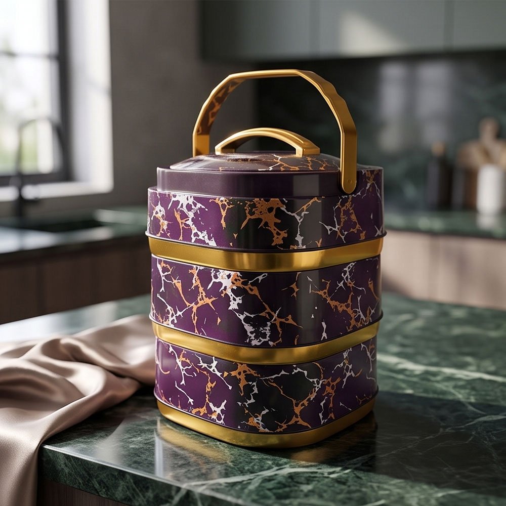 Premium 3-tier food container with a black and gold marble design and a carrying handle. - Image 5