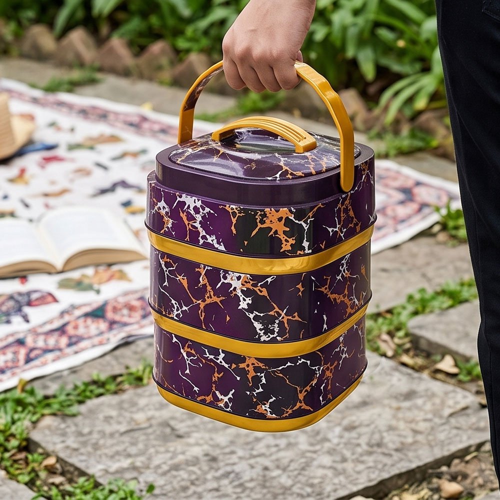 Premium 3-tier food container with a black and gold marble design and a carrying handle. - Image 3