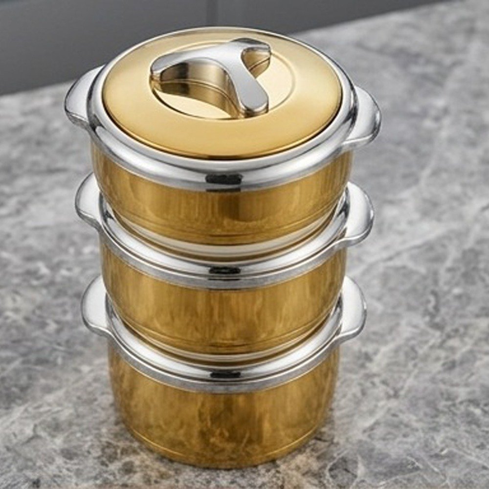 3-piece stainless steel thermal food container set in gold and silver - Image 3