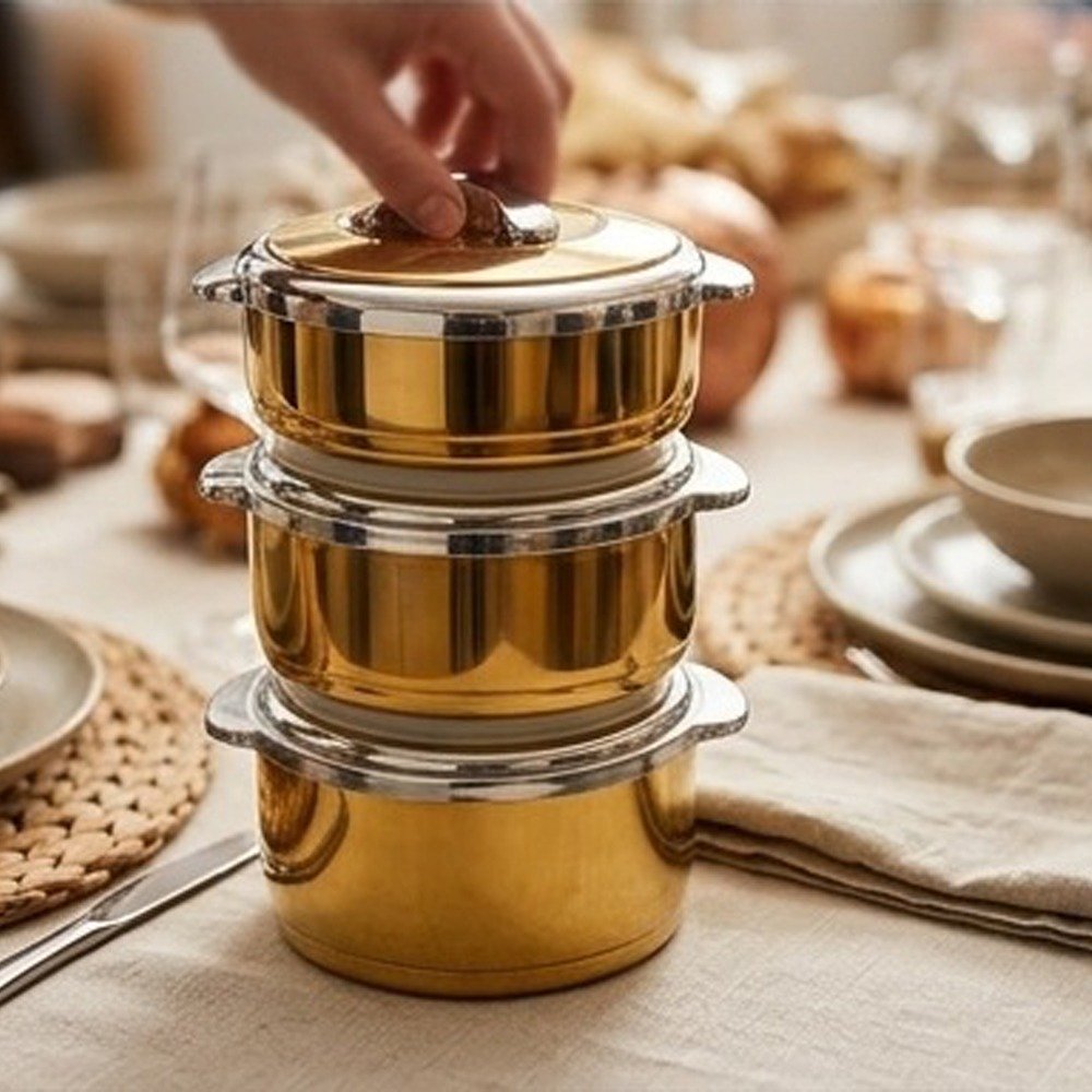 3-piece stainless steel thermal food container set in gold and silver - Image 2