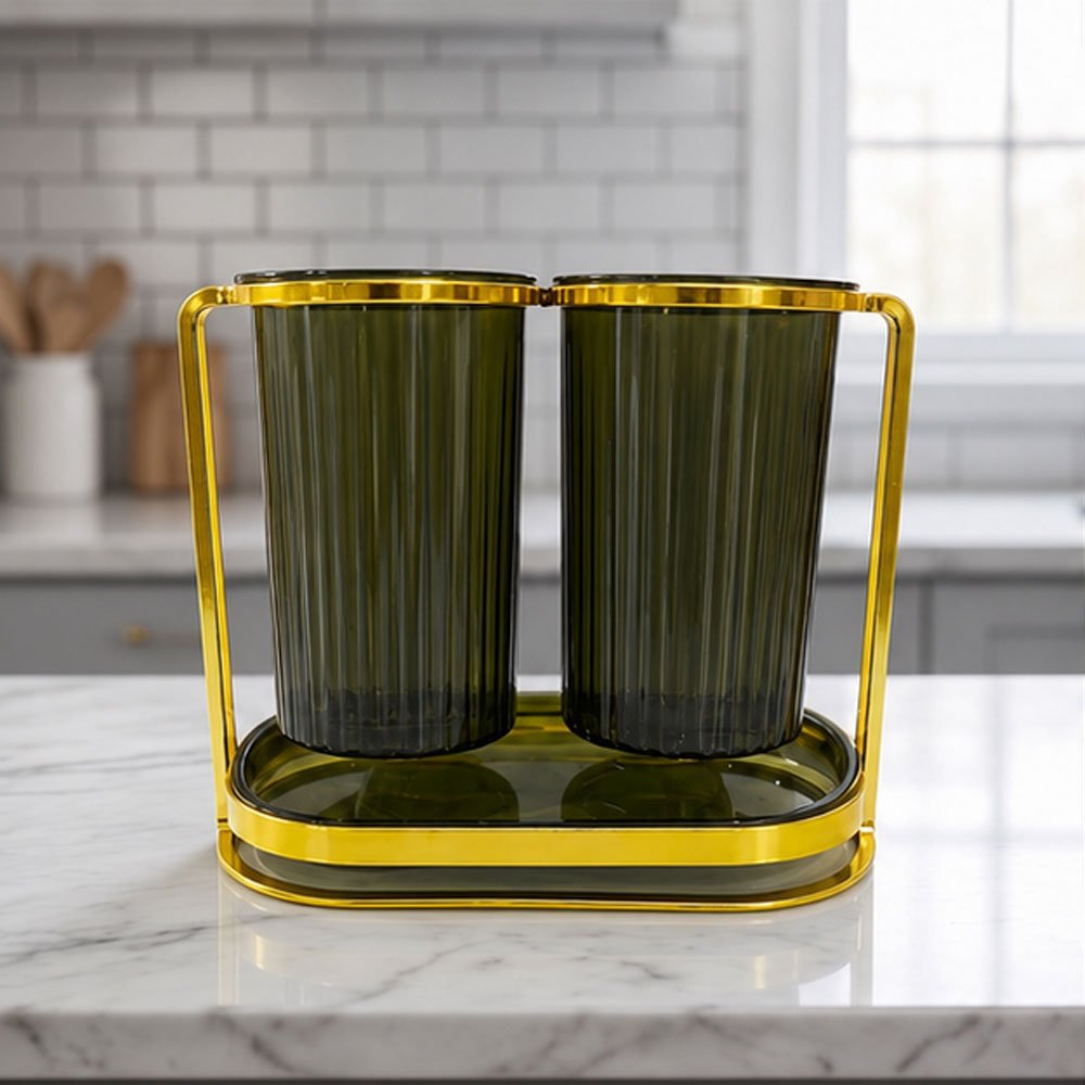Double Acrylic Cutlery Holder and Utensil Drying Stand with Gold Metal Frame - Image 4