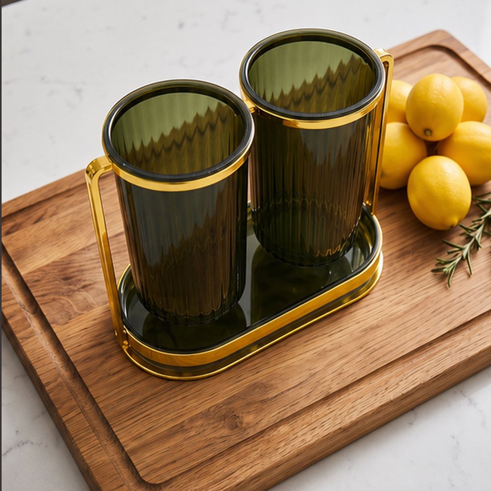Double Acrylic Cutlery Holder and Utensil Drying Stand with Gold Metal Frame - Image 5