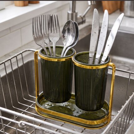 Double Acrylic Cutlery Holder and Utensil Drying Stand with Gold Metal Frame