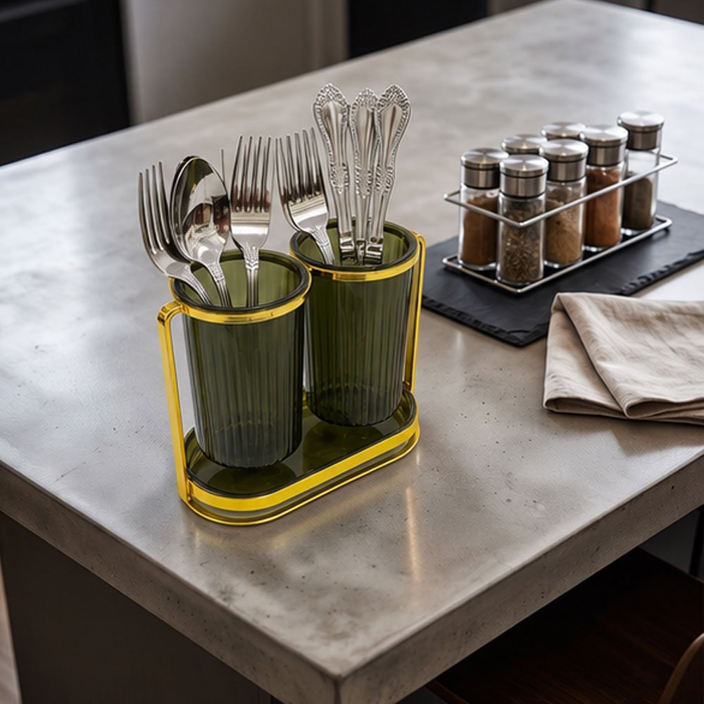 Double Acrylic Cutlery Holder and Utensil Drying Stand with Gold Metal Frame - Image 2