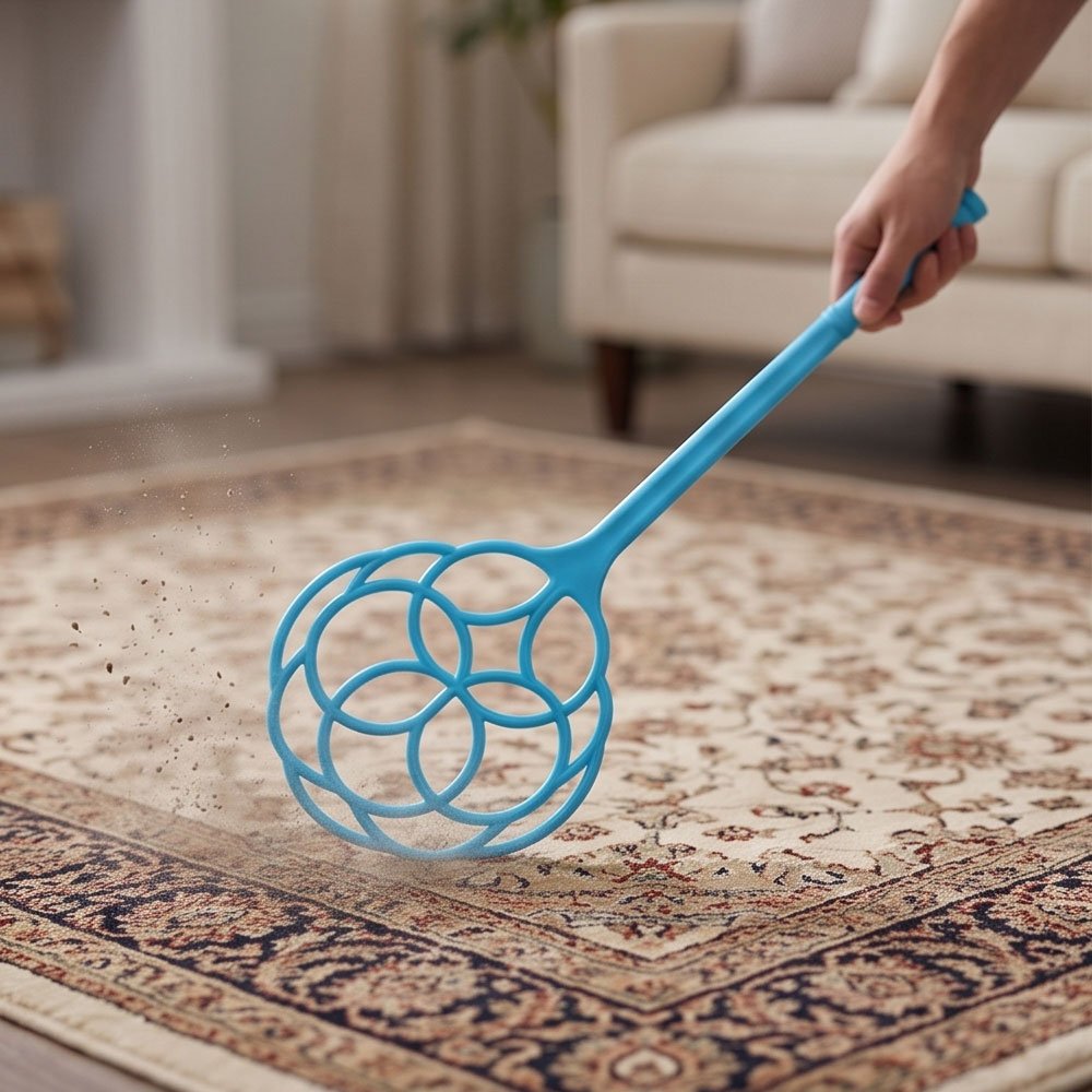 Heavy Duty Plastic Carpet Beater Dust Removal Paddle with Long Handle Blue - Image 3