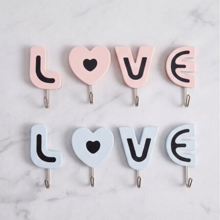 LOVE Letter Adhesive Wall Hooks Set of 4 Heavy Duty Hangers for Keys & Accessories