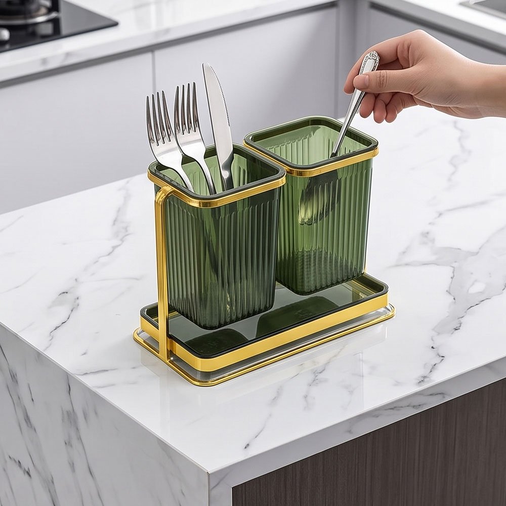 Square Acrylic Cutlery Holder Double Utensil Drying Caddy with Gold Frame - Image 3