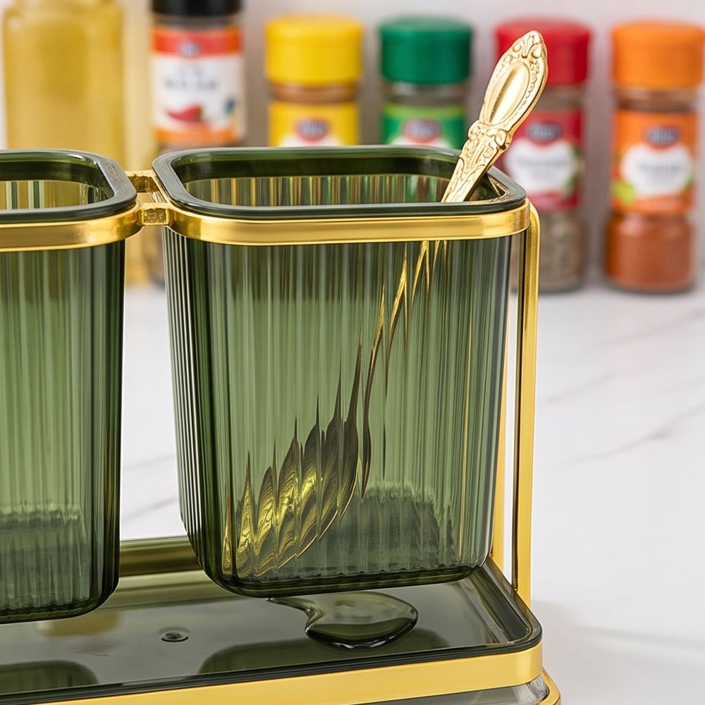 Square Acrylic Cutlery Holder Double Utensil Drying Caddy with Gold Frame - Image 4