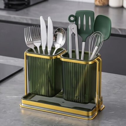 Square Acrylic Cutlery Holder Double Utensil Drying Caddy with Gold Frame