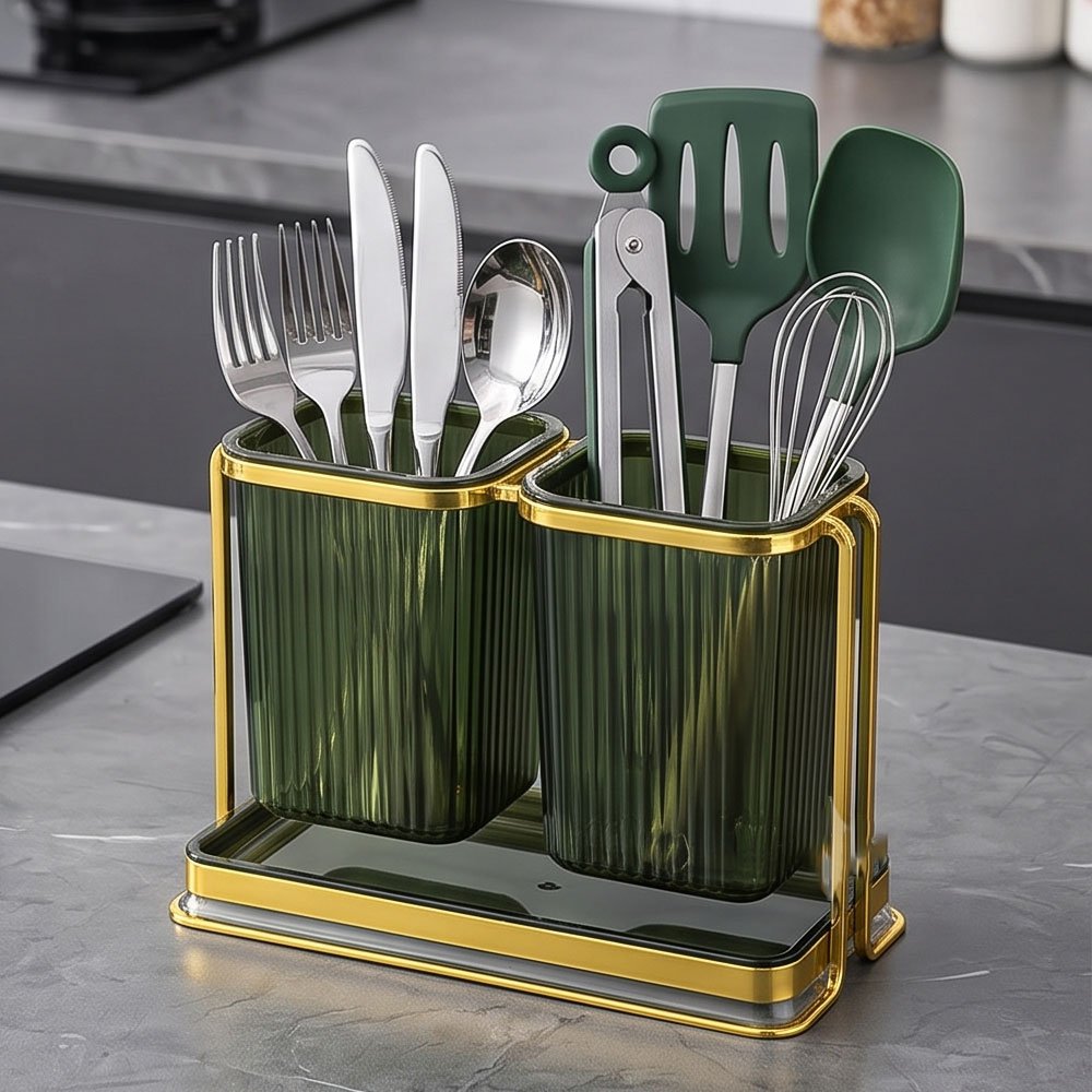 Square Acrylic Cutlery Holder Double Utensil Drying Caddy with Gold Frame