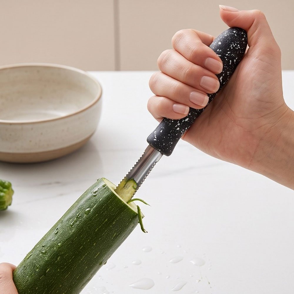Stainless Steel Vegetable Corer Tool with Serrated Edge & Granite Style Handle - Image 3