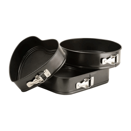 3 Piece Nonstick Springform Cake Pan Set Round Square and Heart Shapes
