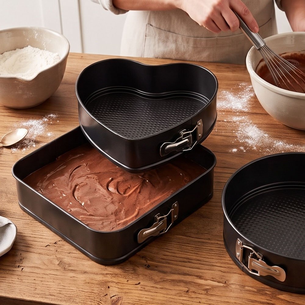 3 Piece Nonstick Springform Cake Pan Set Round Square and Heart Shapes - Image 4