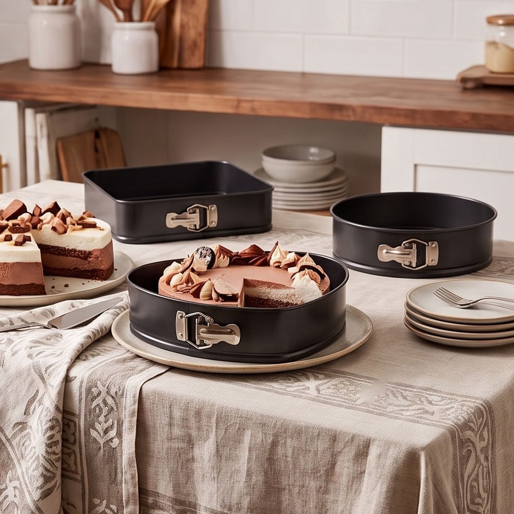 3 Piece Nonstick Springform Cake Pan Set Round Square and Heart Shapes - Image 3