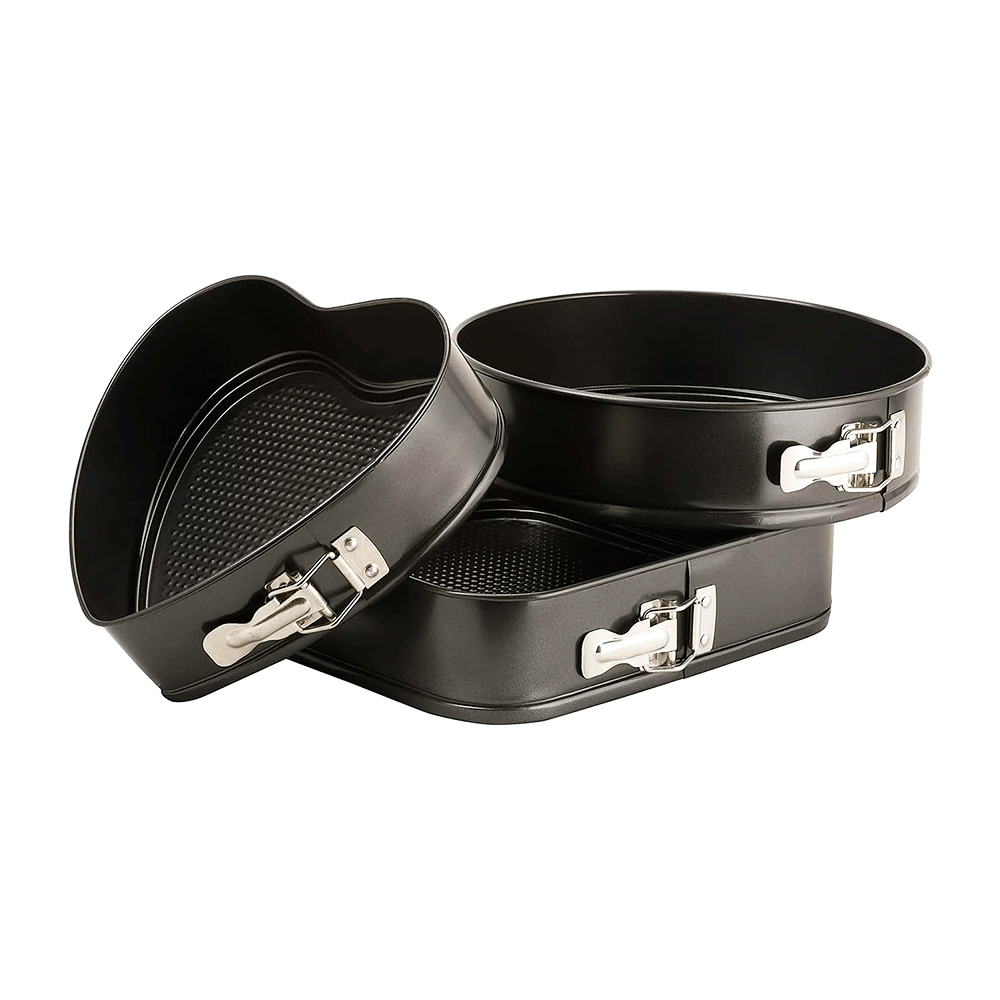 3 Piece Nonstick Springform Cake Pan Set Round Square and Heart Shapes