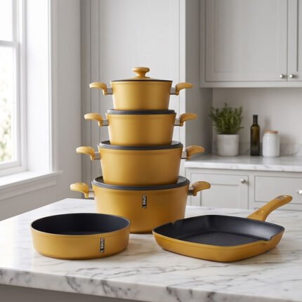 Lines Premium Non-Stick Teflon Cookware Set - 10 Pieces Gold Kitchen Pots and Pans