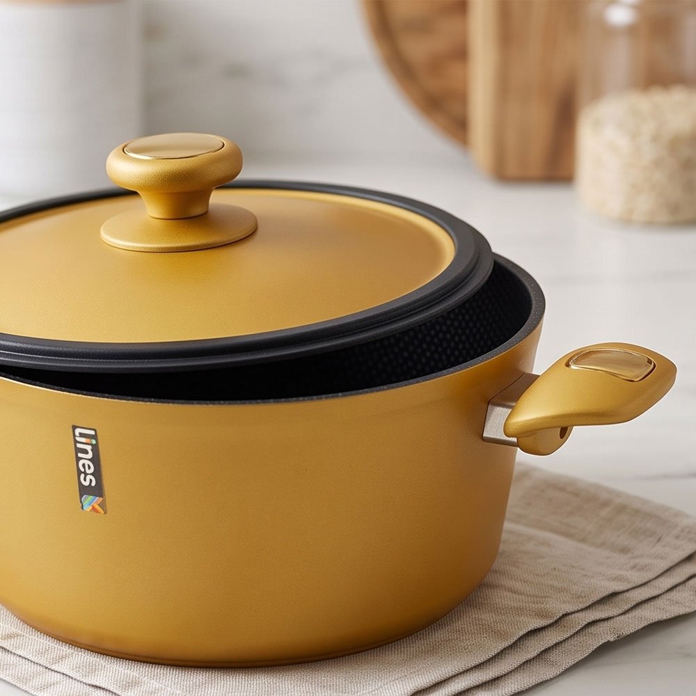 Lines Premium Non-Stick Teflon Cookware Set - 10 Pieces Gold Kitchen Pots and Pans - Image 2