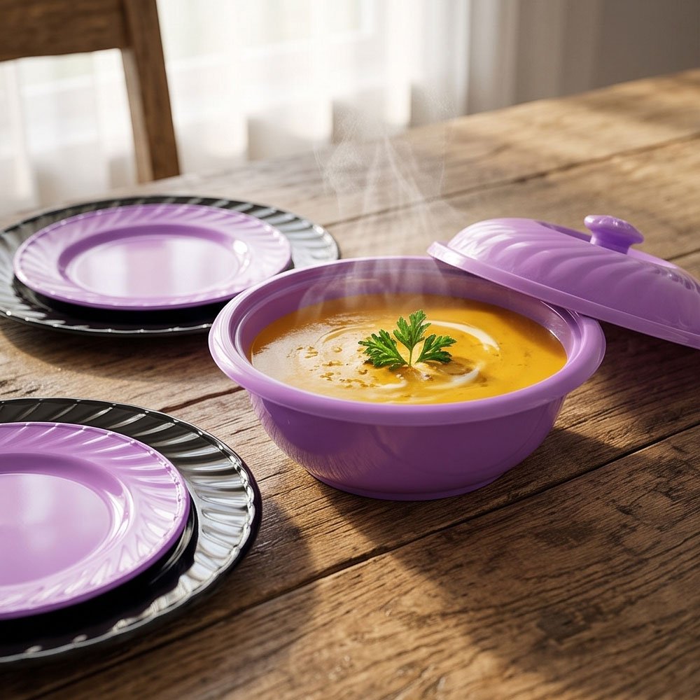 Malaysian Melamine Dinnerware Set - 38 Pieces Round Fluted Purple and Black Dining Collection - Image 2