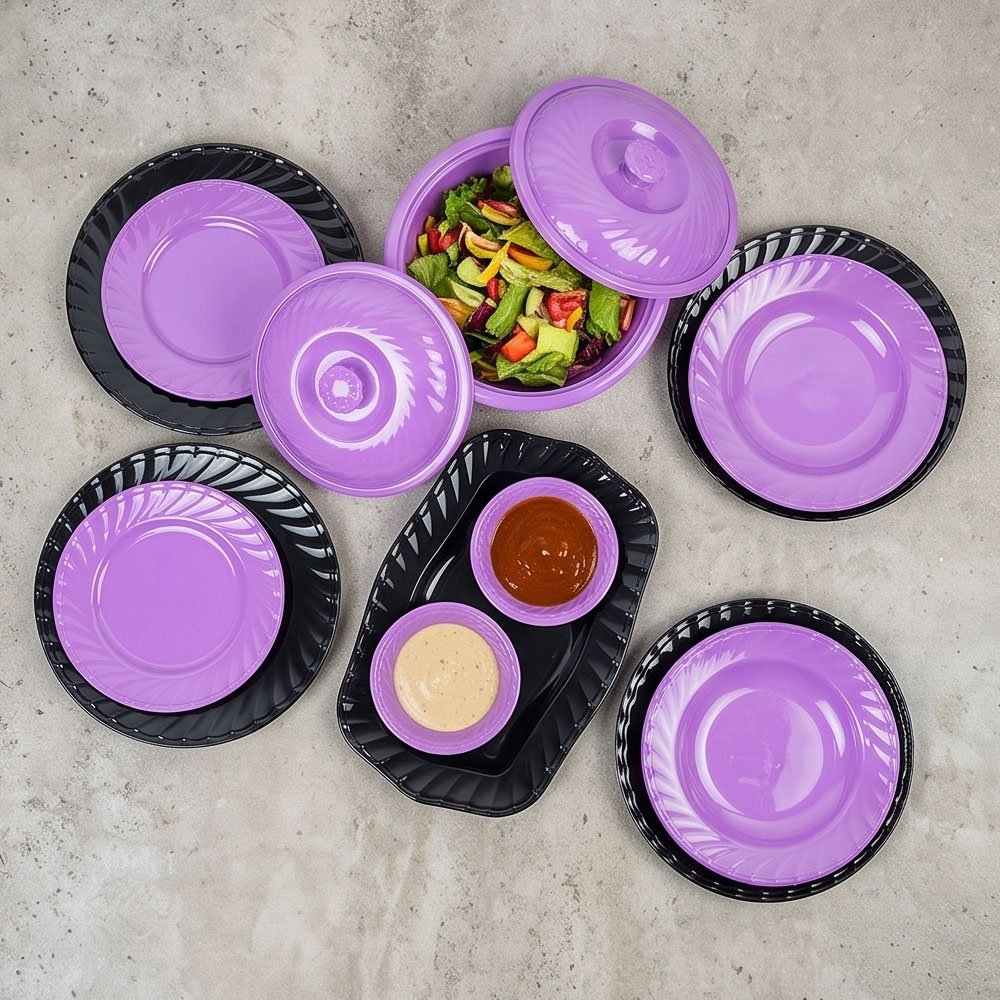 Malaysian Melamine Dinnerware Set - 38 Pieces Round Fluted Purple and Black Dining Collection - Image 4