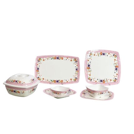 Malaysian Melamine Dinnerware Set - 38 Pieces Square Floral Design with Pink Accents