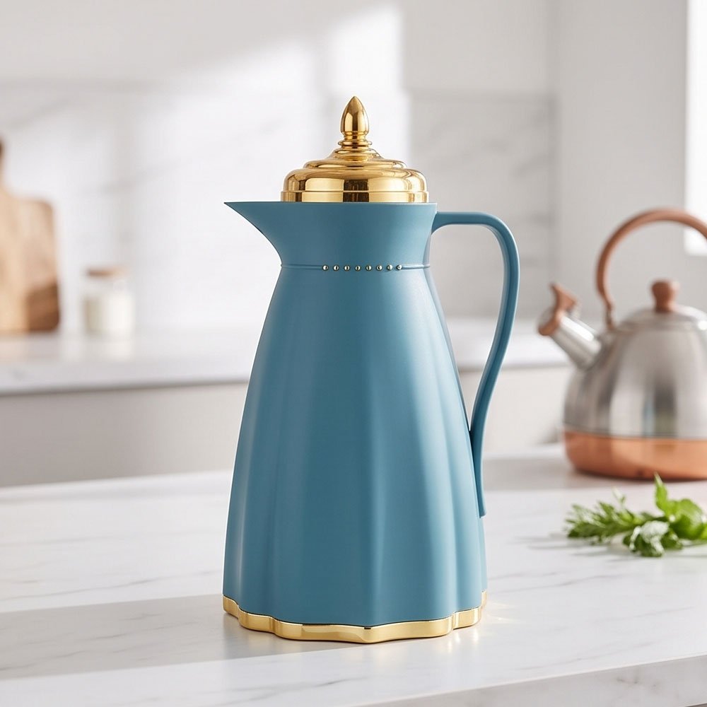 Matt Dress Design Insulated Vacuum Thermos Flask - 1 Liter Blue with Gold Accents - Image 2