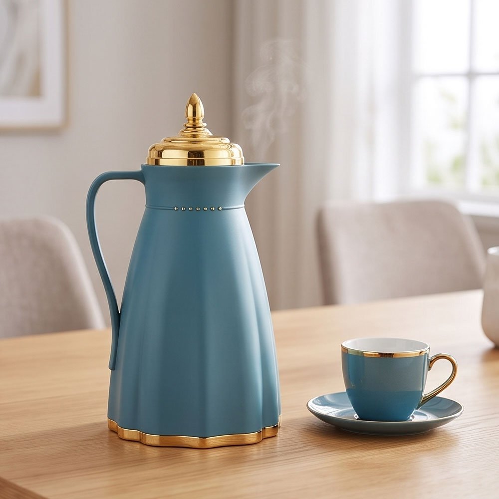 Matt Dress Design Insulated Vacuum Thermos Flask - 1 Liter Blue with Gold Accents - Image 3