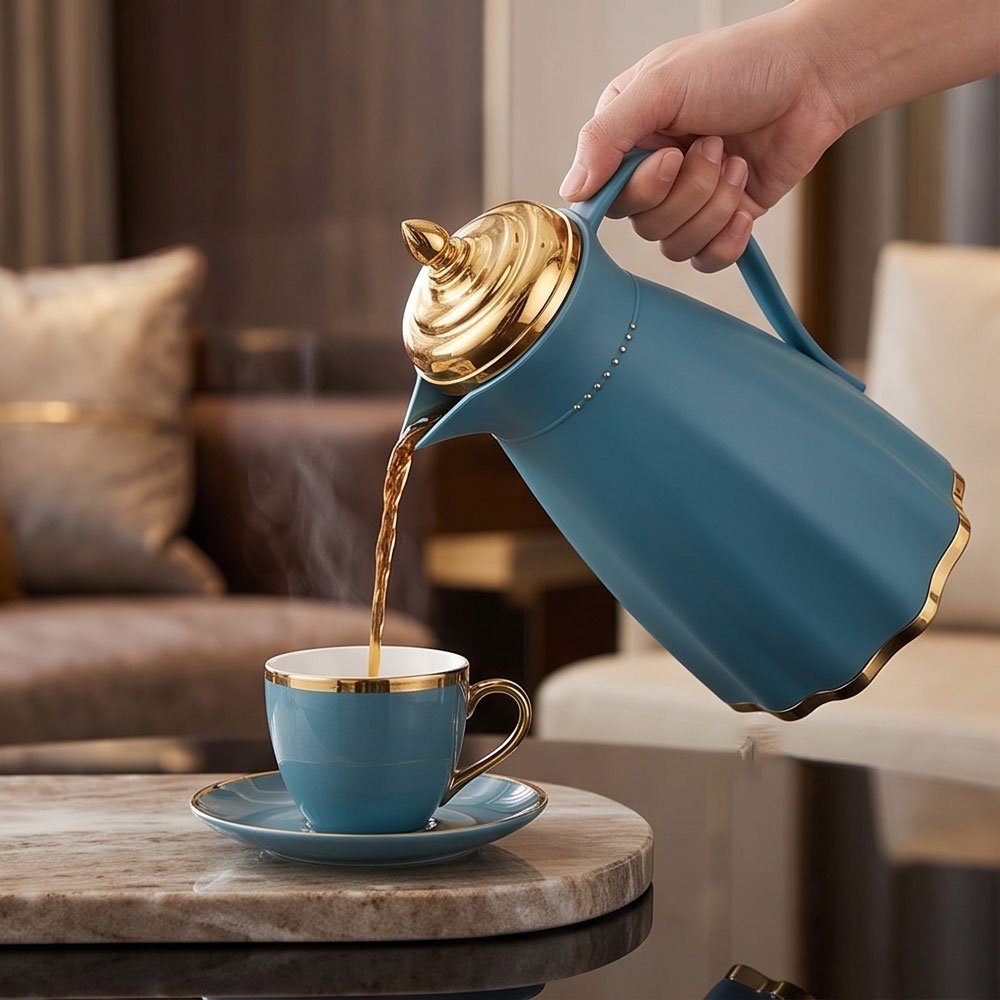 Matt Dress Design Insulated Vacuum Thermos Flask - 1 Liter Blue with Gold Accents - Image 5